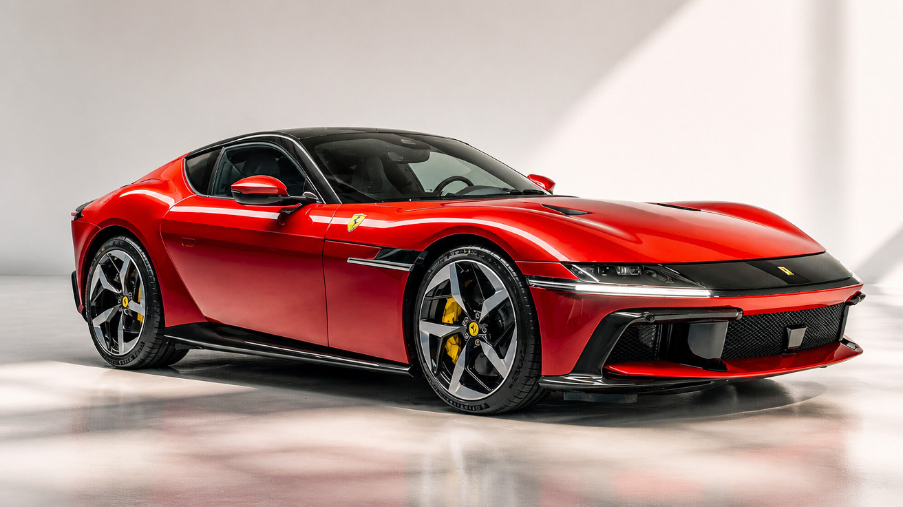 Roter Ferrari-Sportwagen mit schwarzem Dach und gelben Bremssätteln vor weißem Hintergrund in Studioaufnahme.