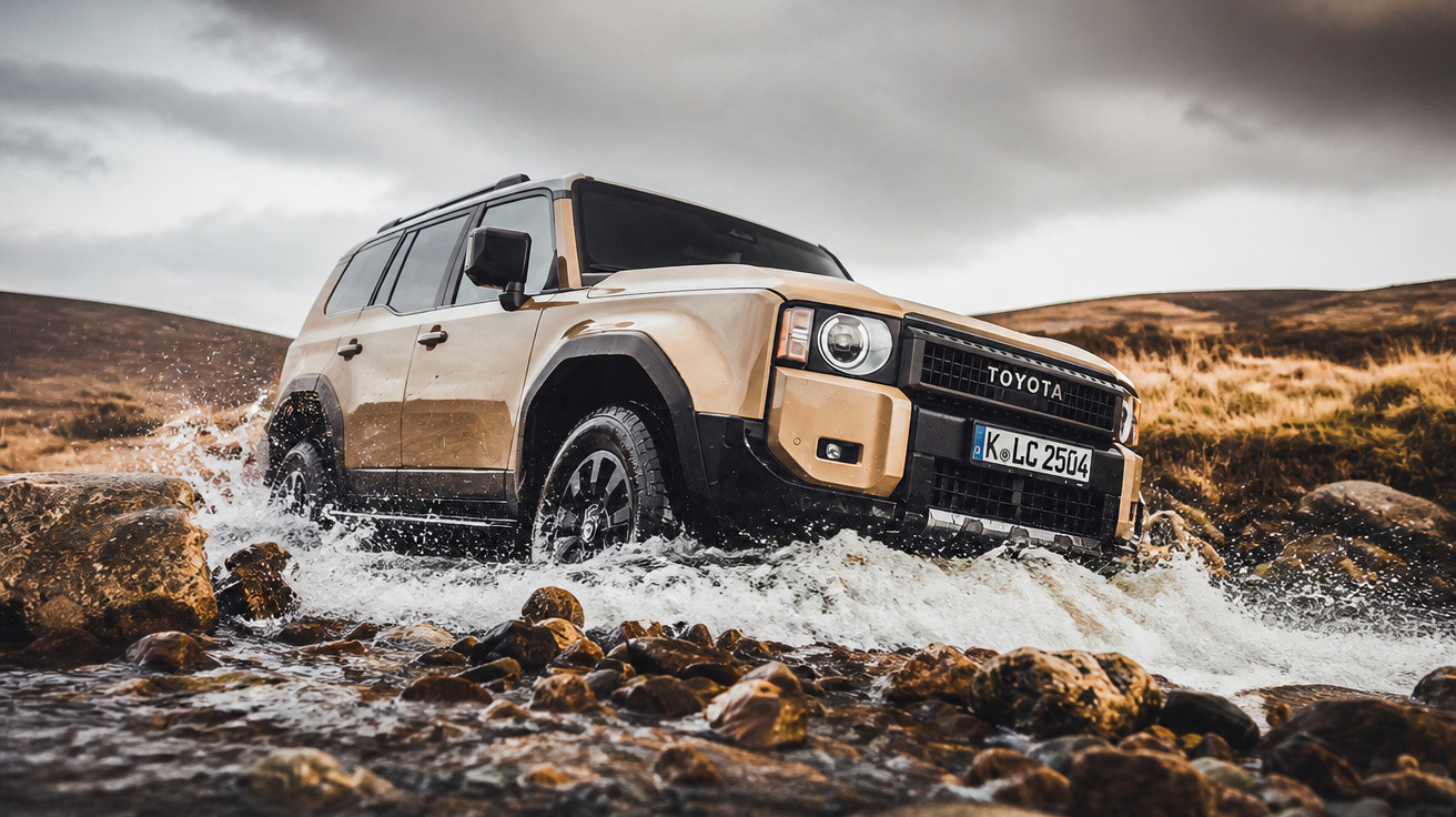 Beiger Toyota Geländewagen fährt durch einen bergigen Flusslauf bei bewölktem Himmel.