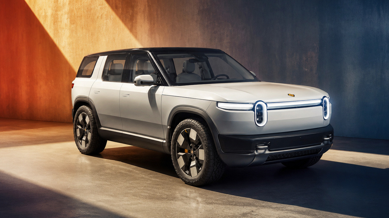 Weiß-grauer Elektro-SUV mit modernem Design, LED-Scheinwerfern und schwarzem Dach in stilvollem Raum.