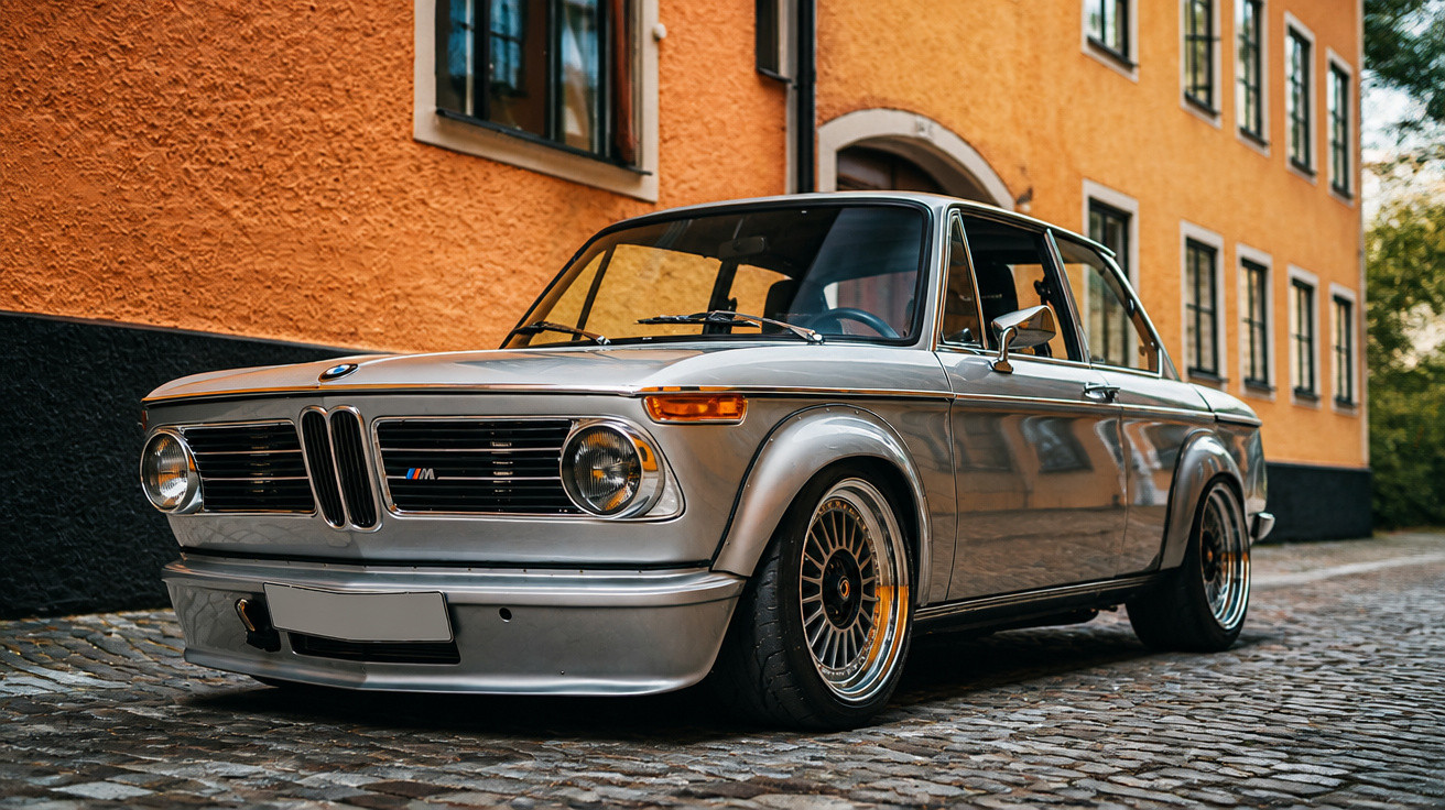 Silberner klassischer BMW 2002 mit breiten Kotflügeln auf Kopfsteinpflaster vor orangefarbenem Gebäude.