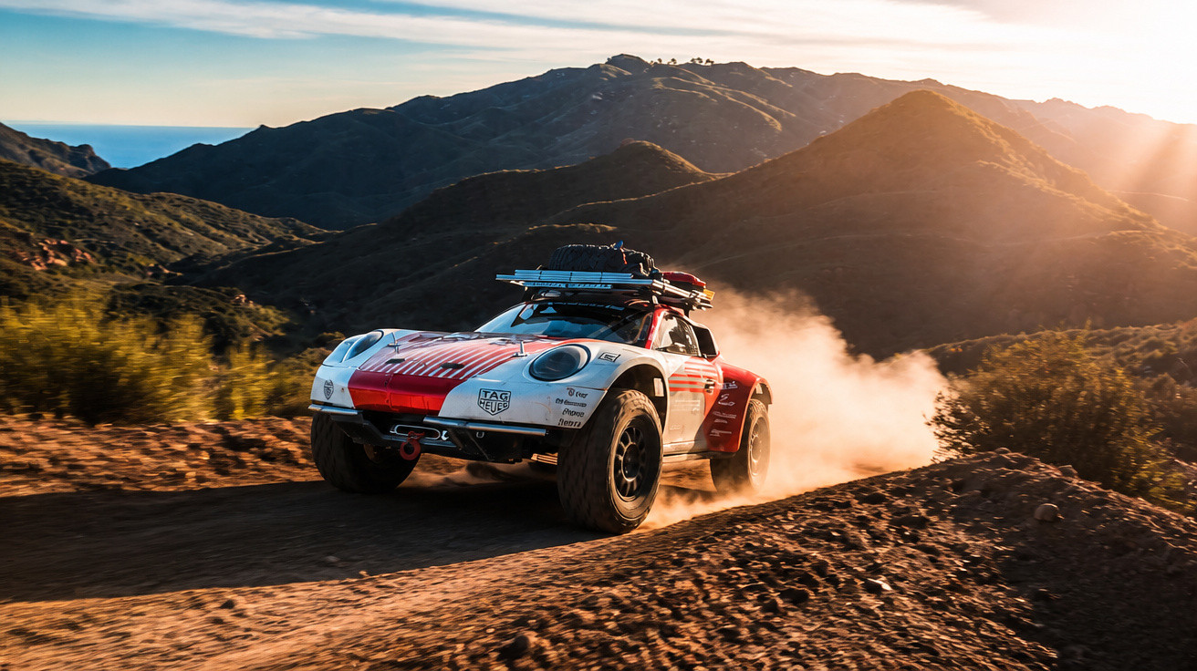 Rotes Rallye-Auto fährt staubige Bergstraße entlang, umgeben von Bergen bei Sonnenuntergang.