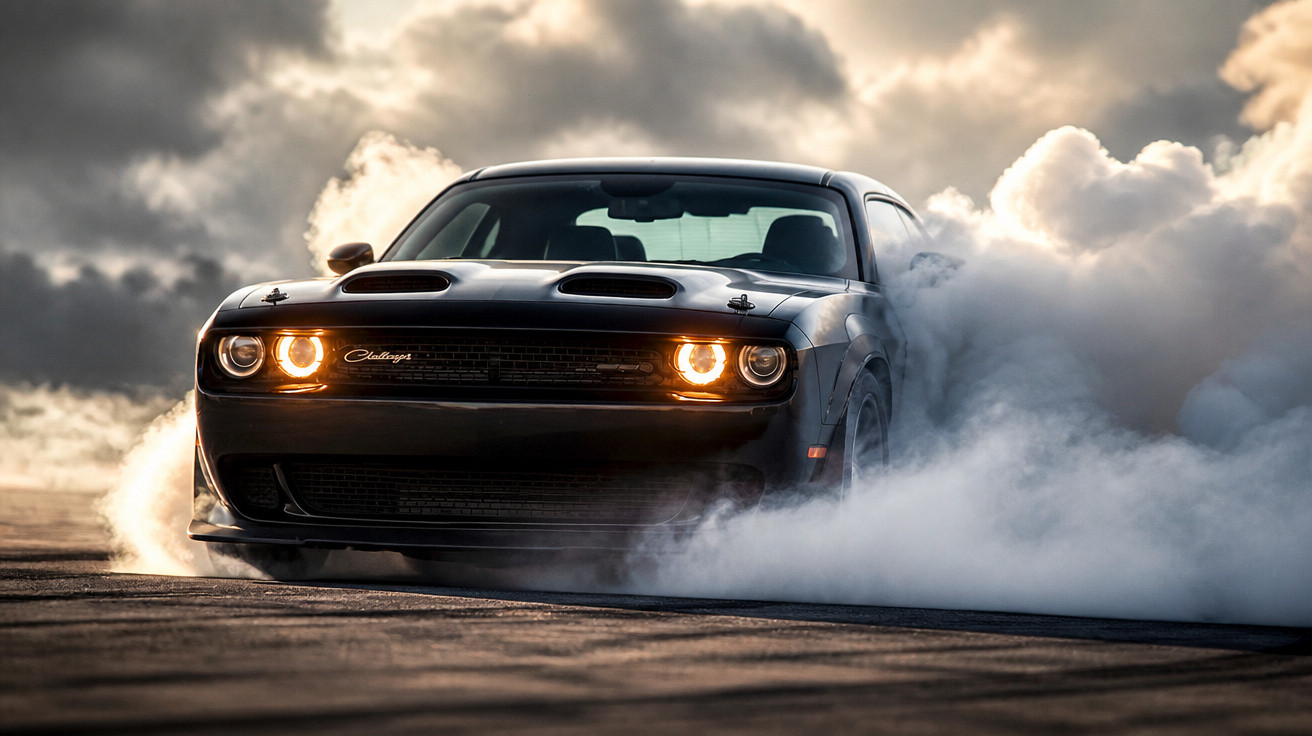 Schwarzer Dodge Challenger bei Burnout mit Rauchwolken und leuchtenden Scheinwerfern auf Asphalt.