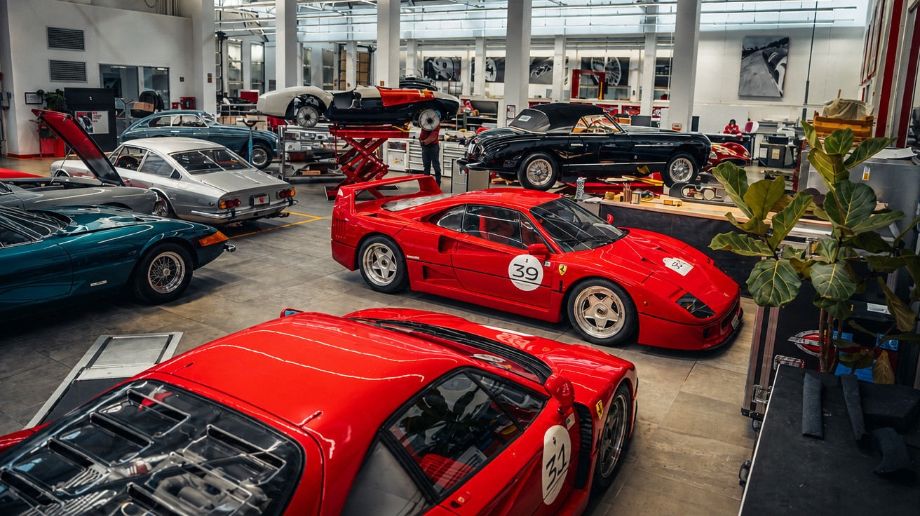 Werkstatt mit mehreren klassischen Sportwagen, darunter zwei rote Ferrari F40 mit Rennnummern, und weiteren Oldtimern.