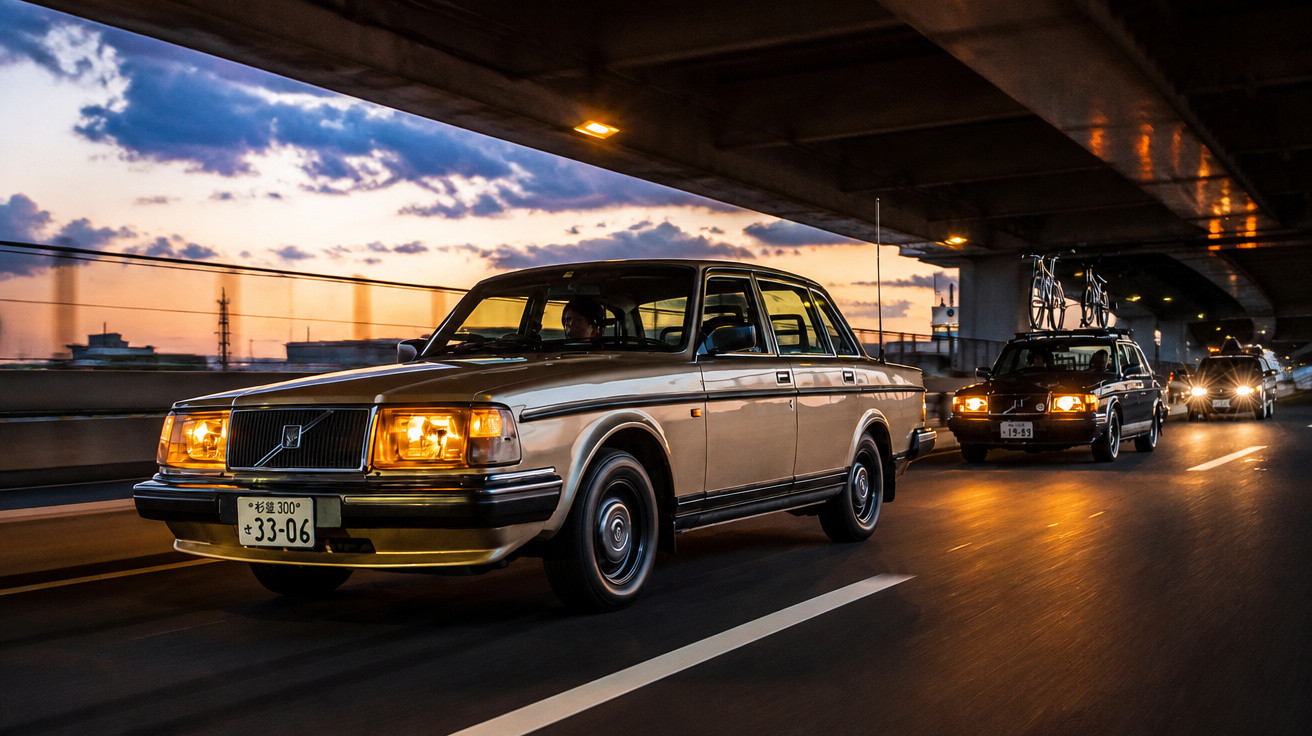Drei klassische Volvo-Autos fahren bei Dämmerung unter einer beleuchteten Brücke auf der Straße.
