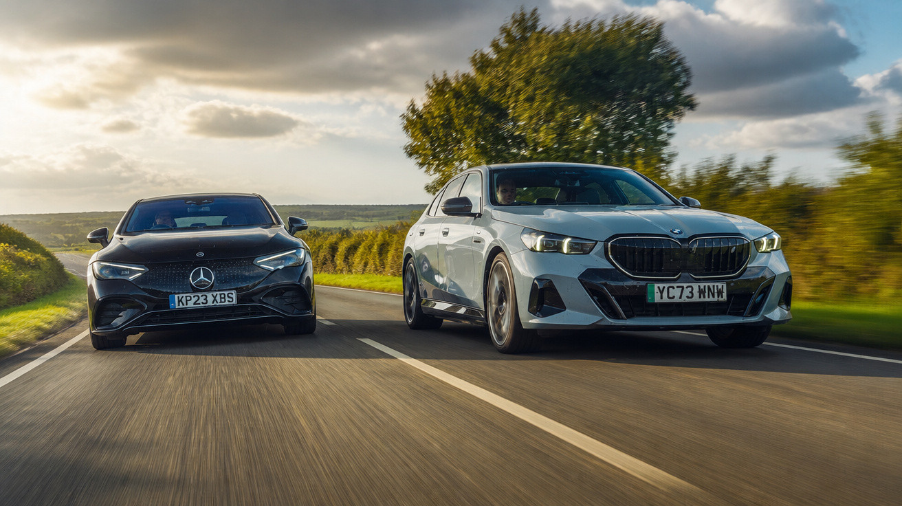Zwei moderne Limousinen, ein schwarzer Mercedes und ein weißer BMW, fahren auf einer Landstraße bei bewölktem Himmel.