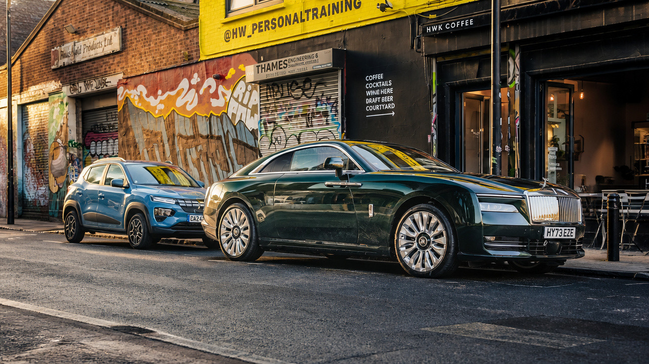 Zwei Autos, darunter ein schwarzer Rolls-Royce, geparkt vor einer Straße mit bunter Graffiti-Wand und Cafés.