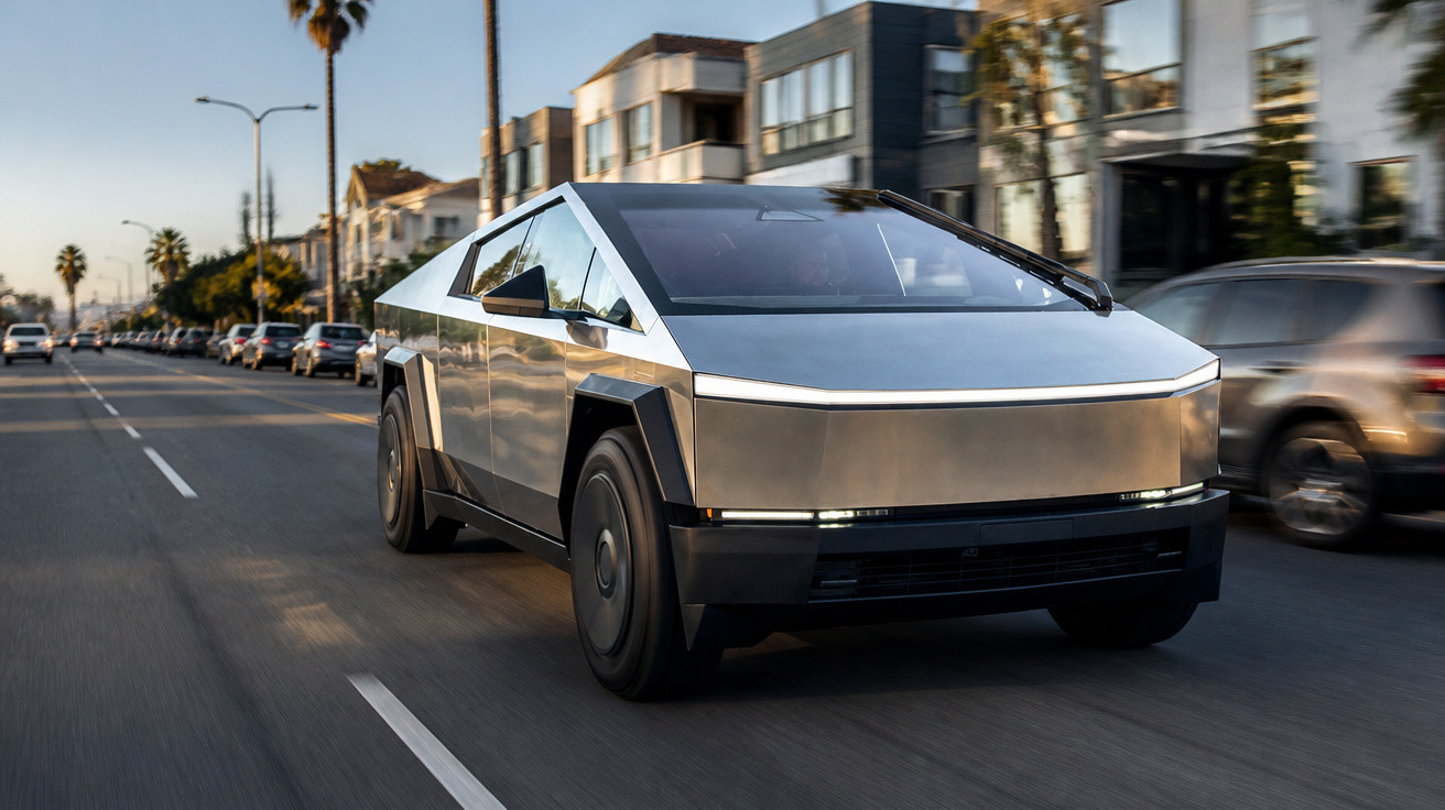 Tesla Cybertruck in futuristischem Design fährt auf einer Stadtstraße bei Tageslicht.
