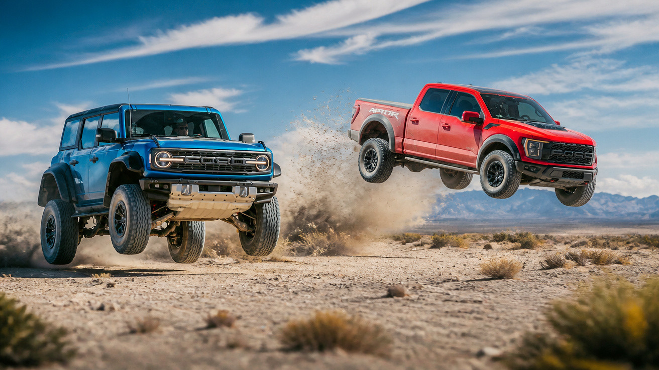 Zwei geländetaugliche Ford-Fahrzeuge, ein blauer SUV und ein roter Pickup, springen in einer Wüstenlandschaft.