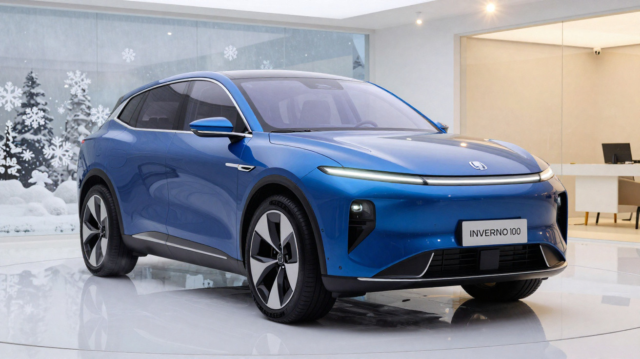 Blaues Elektro-SUV „Inverno 100“ in hellem Showroom mit winterlicher Fensterdekoration im Hintergrund.