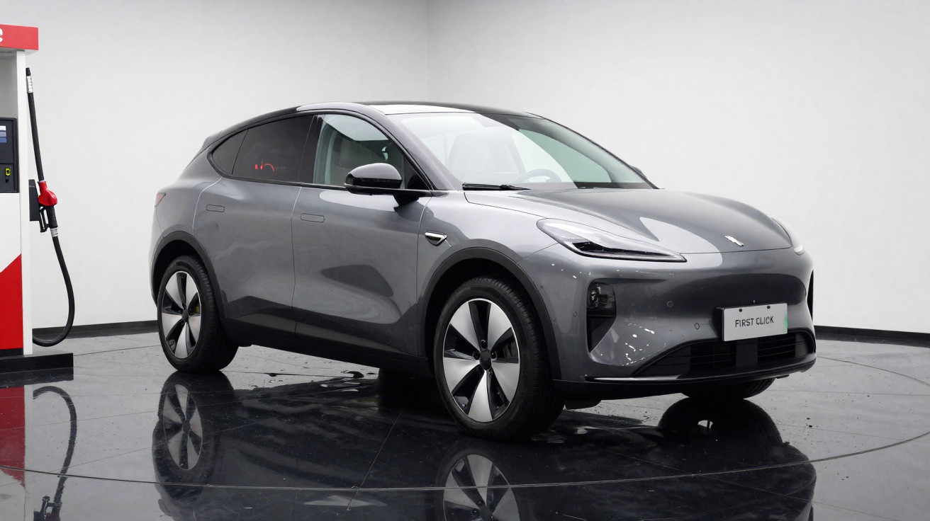 Graues Elektro-SUV an einer Ladestation in einem modernen, weißen und schwarzen Ausstellungsraum.