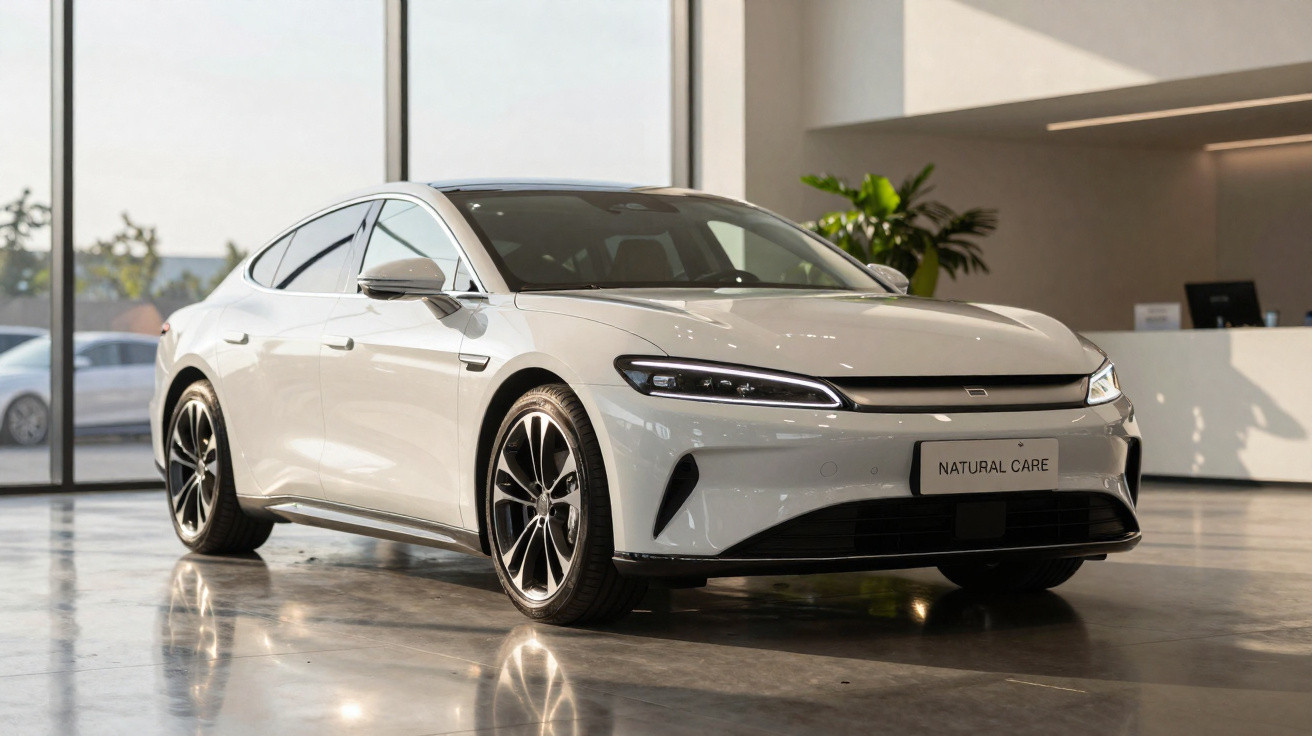 Weißes Elektroauto in modernem Showroom mit reflektierendem Boden und Pflanze im Hintergrund.