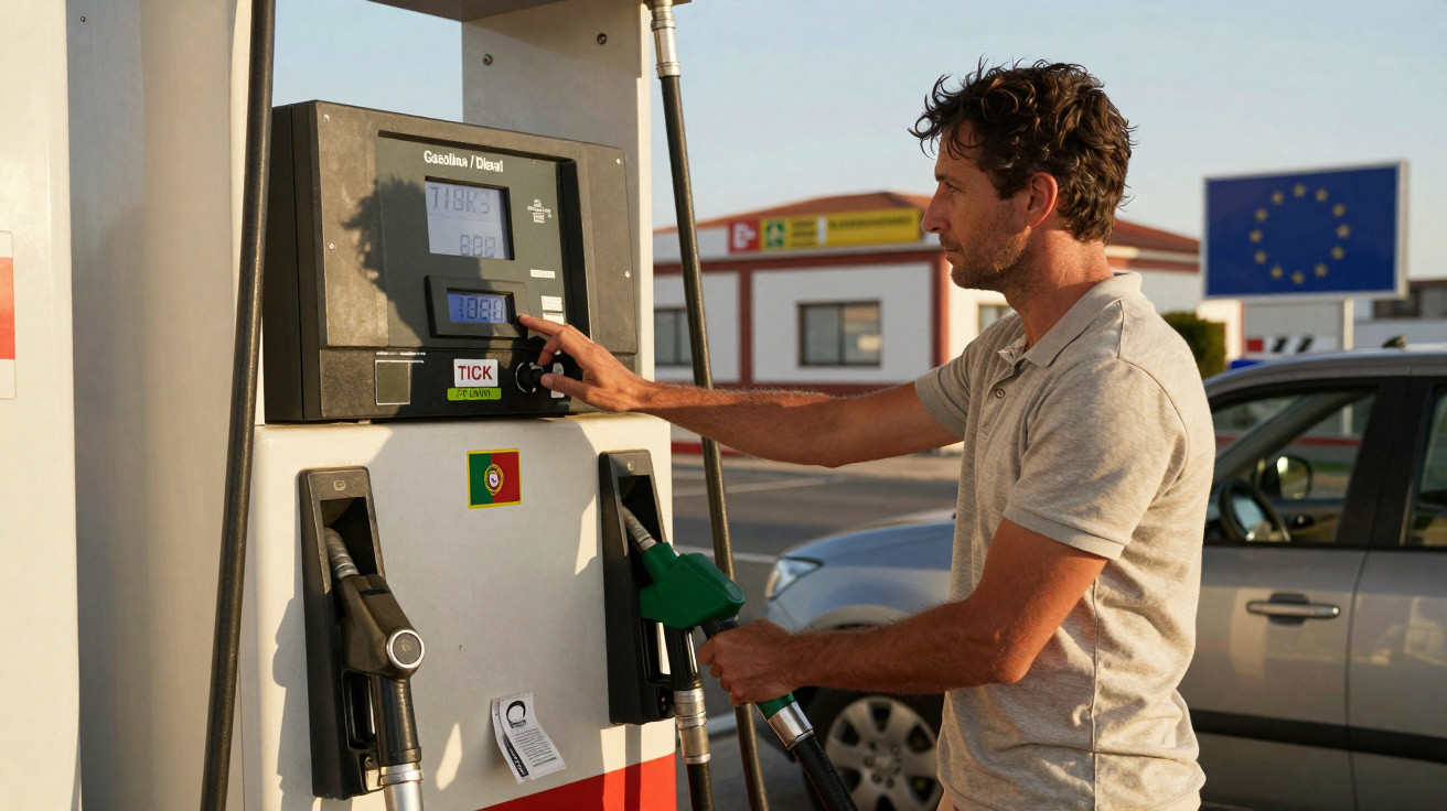 Mann tankt Auto an Tankstelle mit Zapfsäule und EU-Flagge im Hintergrund bei Sonnenuntergang.