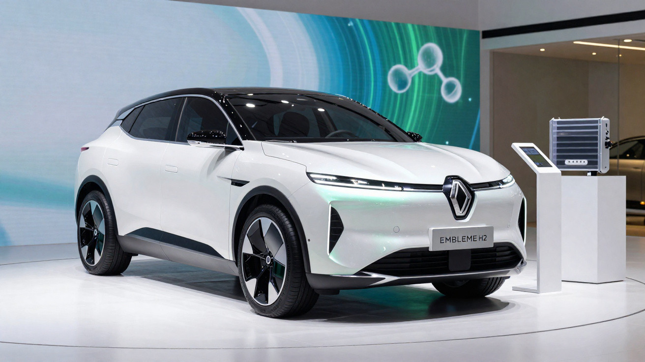 Weißes Renault Embleme H2 Elektroauto auf Messe mit moderner, aerodynamischer Karosserie und futuristischem Design.