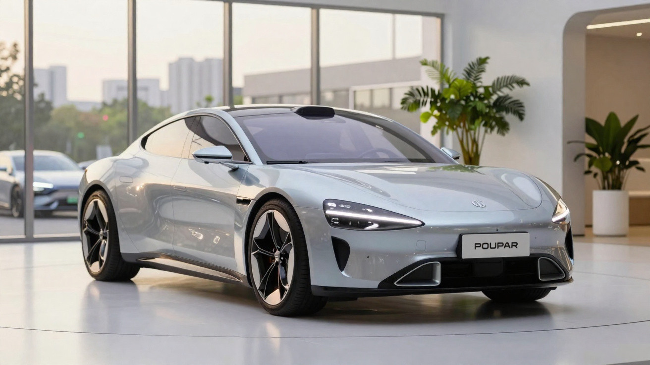 Silberner Elektro-Sportwagen POUPAR in modernem Showroom mit großen Fenstern und grünen Pflanzen.