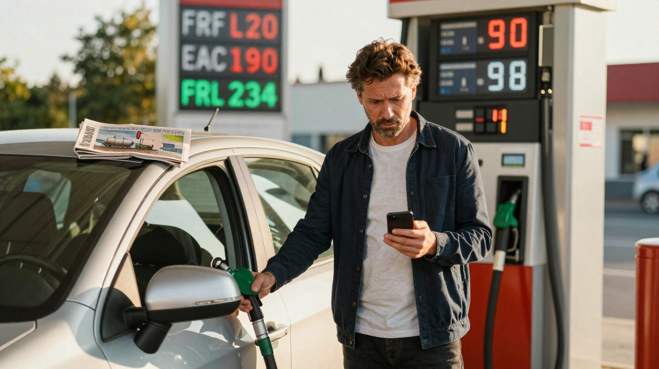 Mann betankt Auto an Zapfsäule und schaut dabei auf sein Smartphone an einer Tankstelle.
