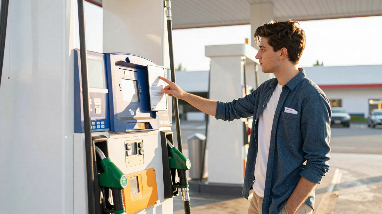 Junger Mann bedient Tankautomat an der Zapfsäule einer Tankstelle bei Tageslicht.