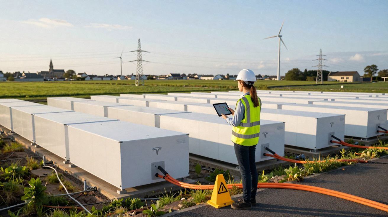 Ingenieurin mit Tablet vor großen Tesla-Batteriespeichern im Freien, Windrad und Stromleitungen im Hintergrund.