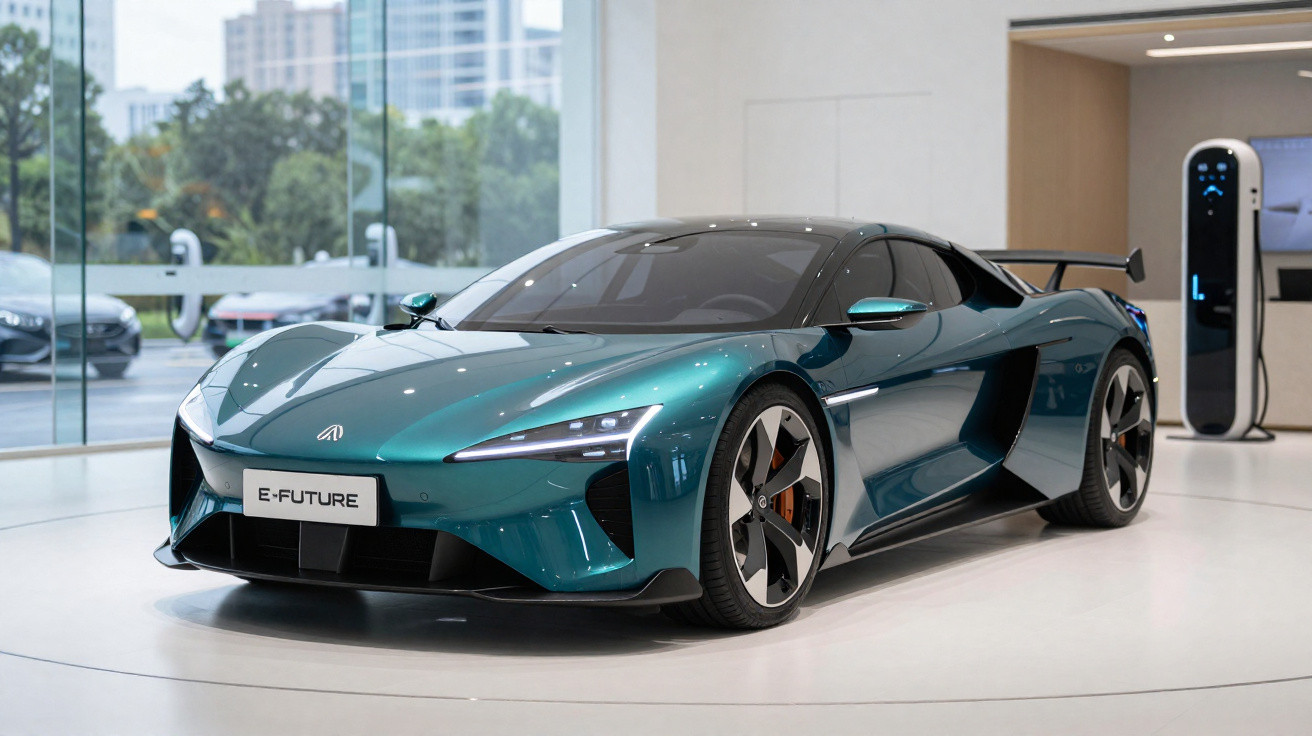 Blauer Elektrosportwagen auf Präsentationsfläche mit Ladestation im modernen Showroom.