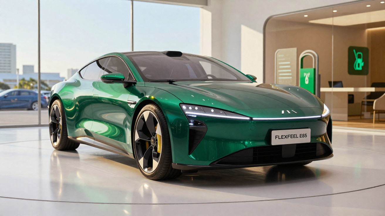 Grünes Elektrosportauto Flexfeel E85 in modernem Ausstellungsraum mit großen Fenstern und Sitzbereich.