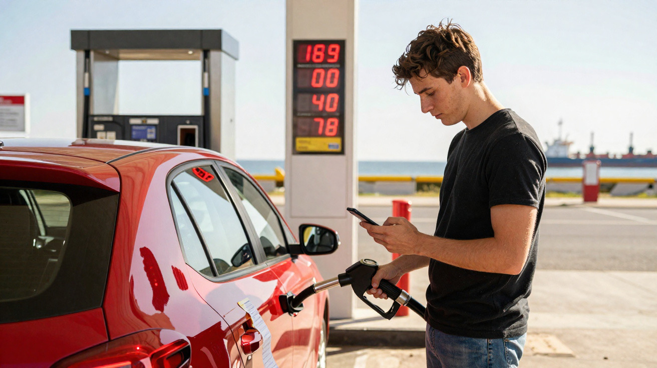 Junger Mann tankt rotes Auto an Tankstelle und sieht auf sein Smartphone.