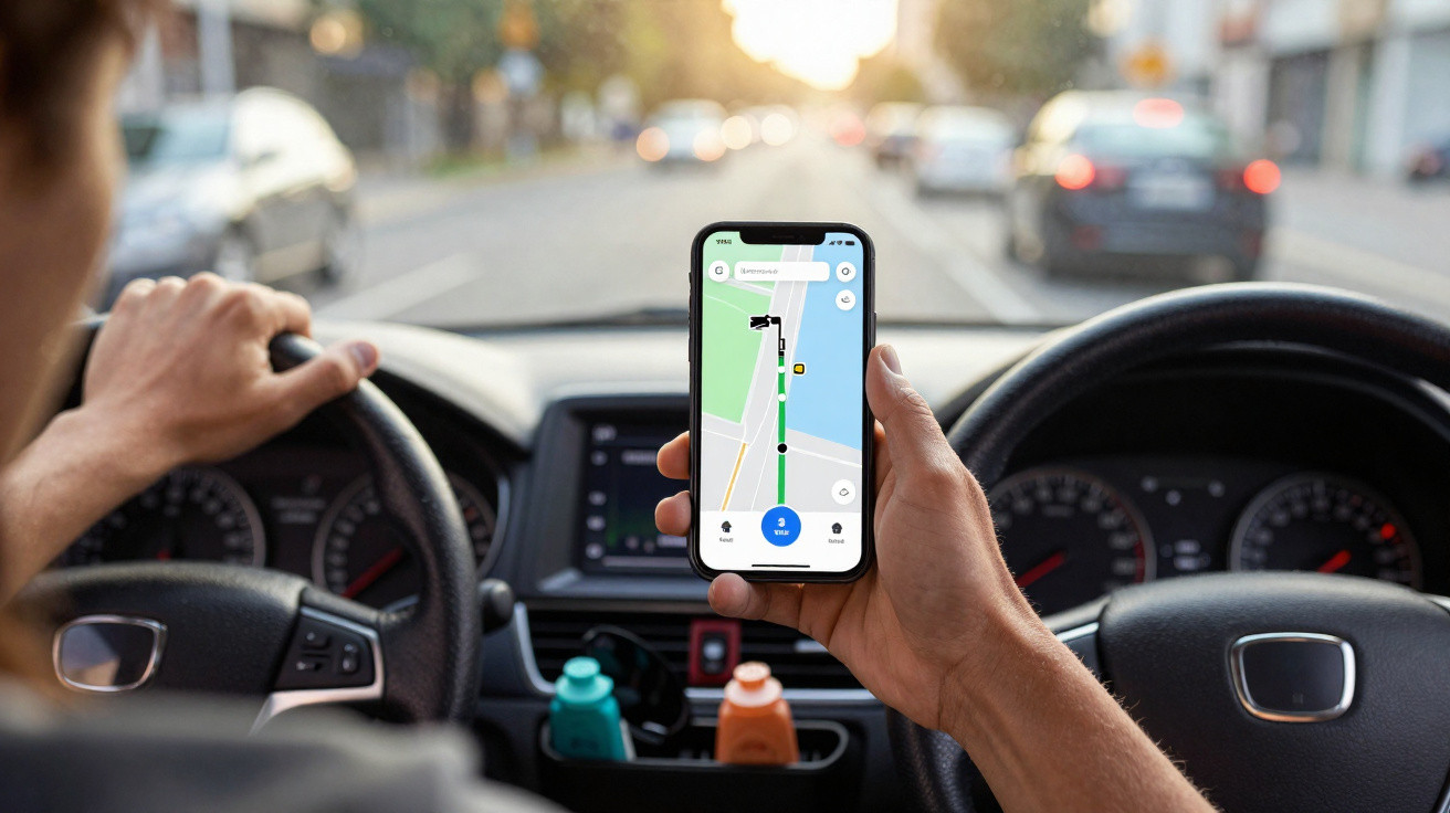 Person hält Smartphone mit Navi-App im Auto während der Fahrt auf einer Stadtstraße.