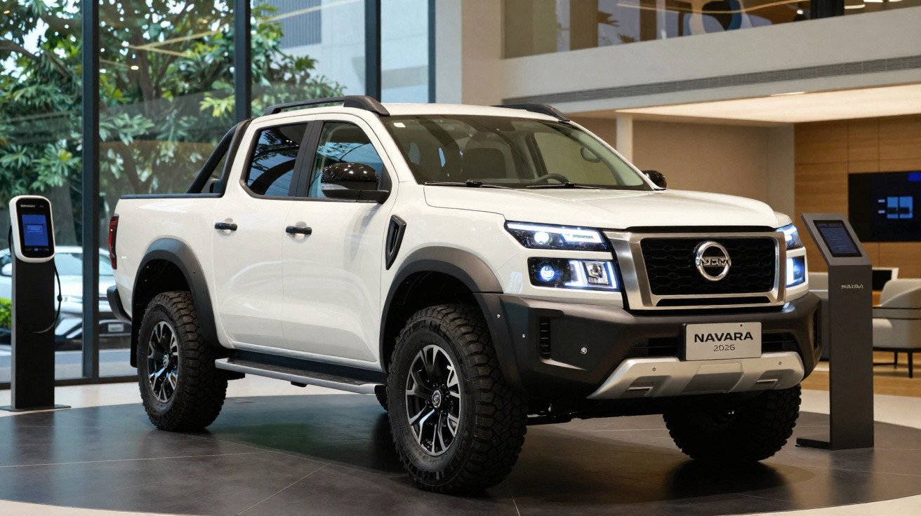 Weißer Nissan Navara 2023 Pickup mit LED-Scheinwerfern in moderner Ausstellungshalle.