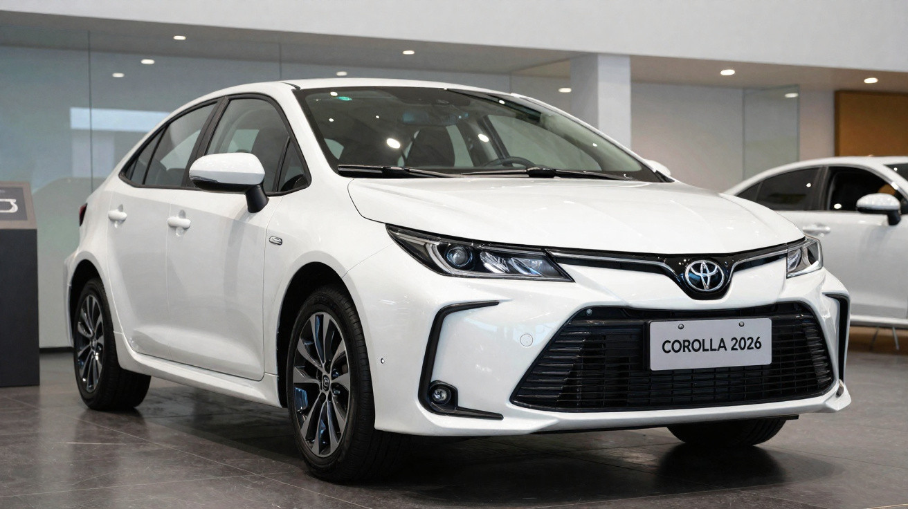 Weißer Toyota Corolla 2026 in moderner Ausstellungshalle aus leicht seitlicher Frontperspektive.