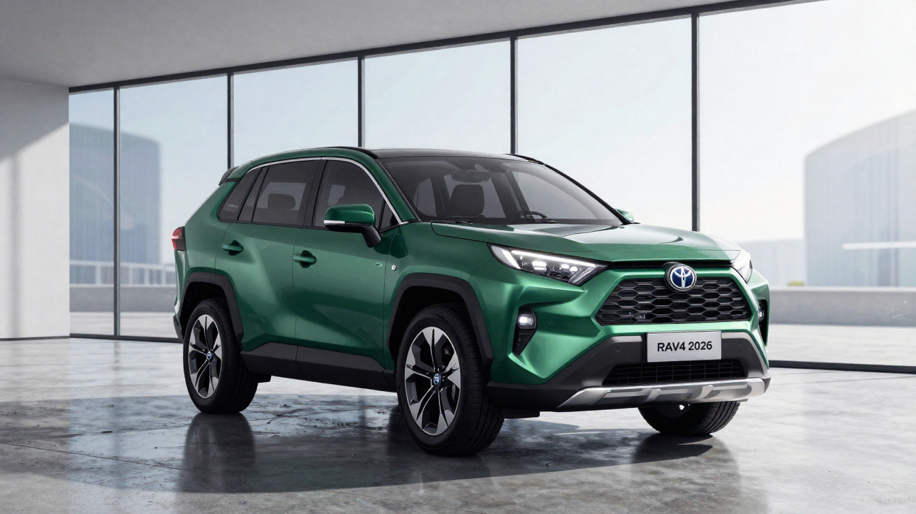 Grüner Toyota RAV4 2026 SUV in modernem, hellem Raum mit großen Fensterfronten, Front- und Seitenansicht.