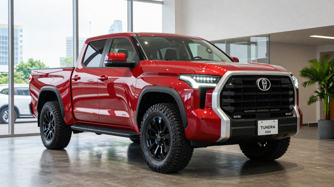 Roter Toyota Tundra Pickup 2026 im modernen Innenraum mit großen Fenstern und Pflanzen.