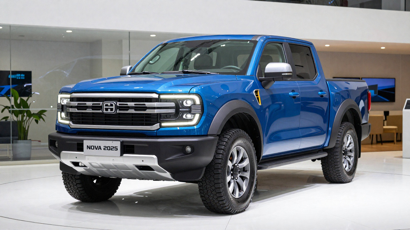 Blauer Pickup-Truck Modell NOVA 2025 mit großem Kühlergrill und robusten Reifen in heller Ausstellungshalle.