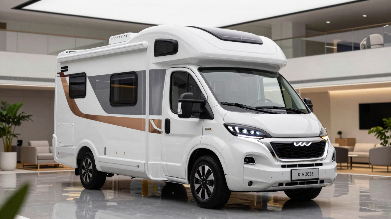 Weißes Wohnmobil Kia 2026 mit modernem Design, geparkt in einem hellen Innenraum mit Pflanzen.