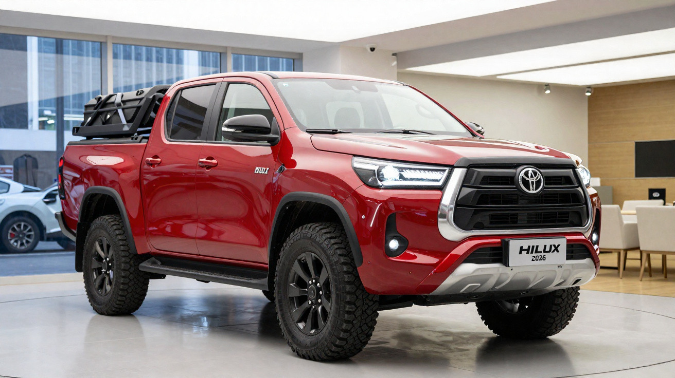 Roter Toyota Hilux 2026 Pickup mit schwarzem Offroad-Zubehör in modernem Showroom.