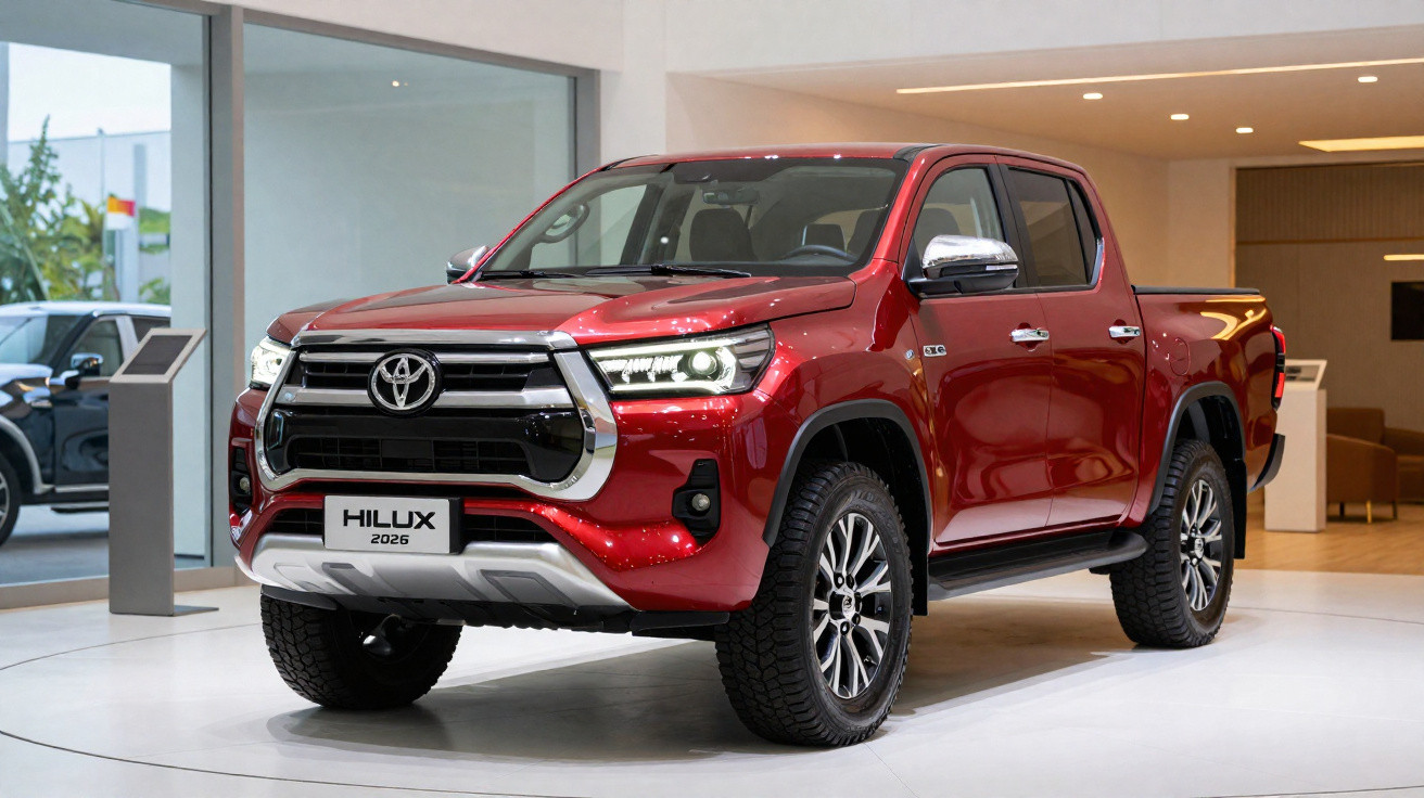 Roter Toyota Hilux 2026 Pickup im Autohaus, Front- und Seitenansicht mit modernen Scheinwerfern.