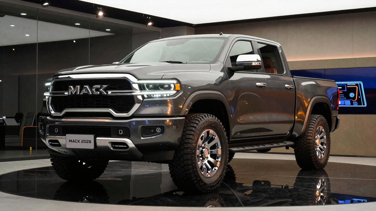 Grauer Mack 2026 Pick-up Truck in einer modernen Ausstellungshalle mit reflektierendem Boden.