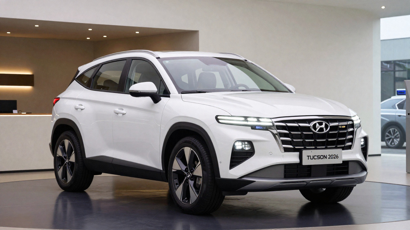 Weißer Hyundai Tucson 2026 SUV im Showroom mit moderner Front und markantem Kühlergrill.