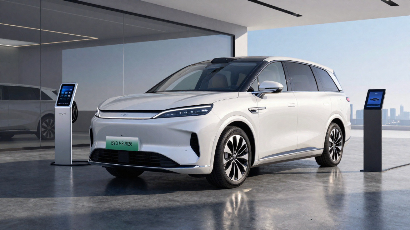Weißes Elektro-SUV BYD M9 2026 steht in moderner Garage an zwei Ladestationen.