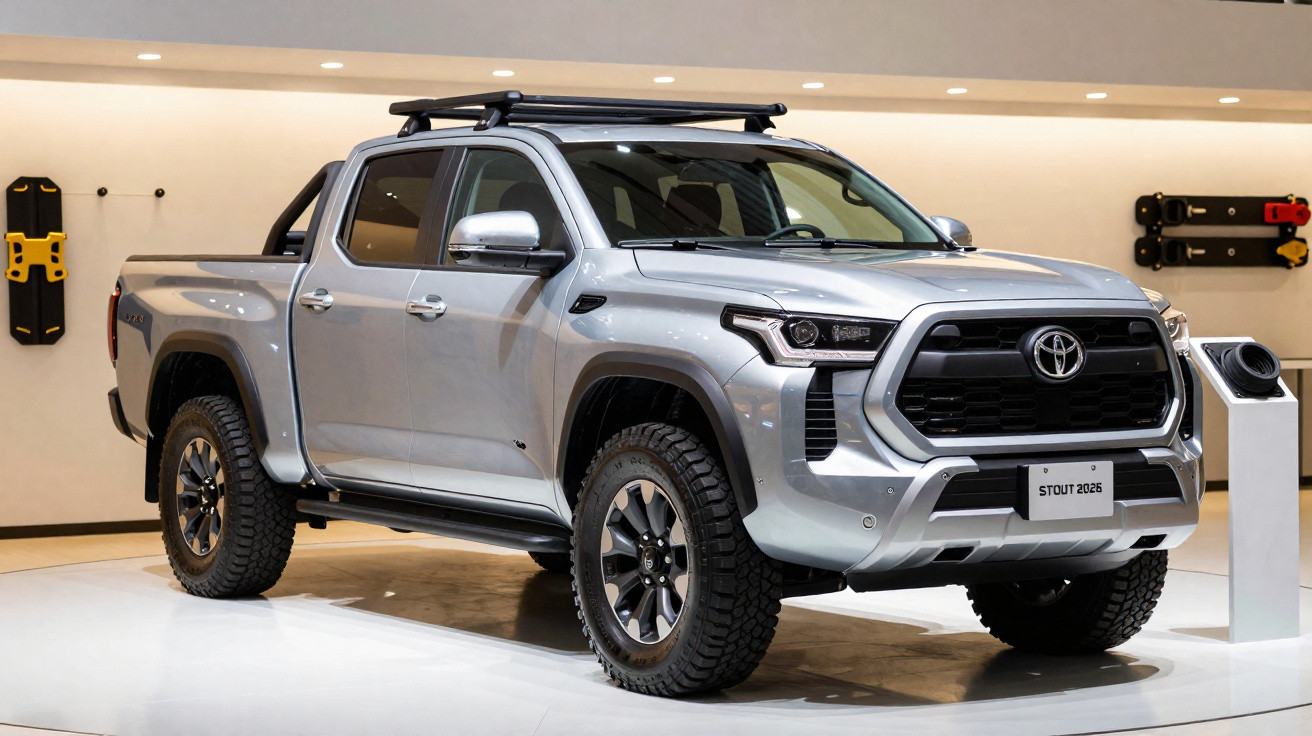 Silberner Toyota Hilux Pickup mit Gelände-Reifen auf Ausstellungsfläche in moderner Umgebung.