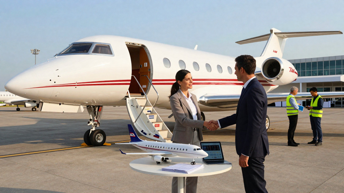 Zwei Geschäftsleute begrüßen sich vor einem Privatjet auf einem Flughafen mit Modellflugzeug auf Tisch.