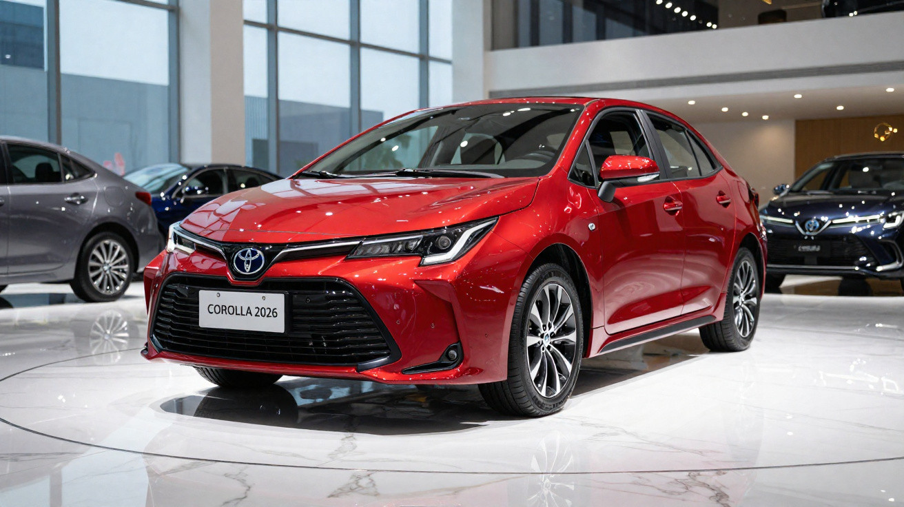 Roter Toyota Corolla 2026 in einem modernen Autohaus vor großen Fenstern und anderen Fahrzeugen