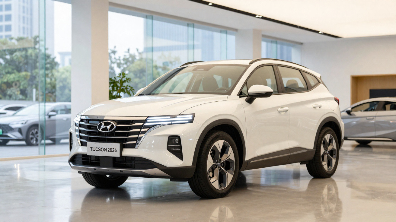 Weißer Hyundai Tucson 2026 SUV im hellen und modernen Autohaus mit großen Glasfenstern.