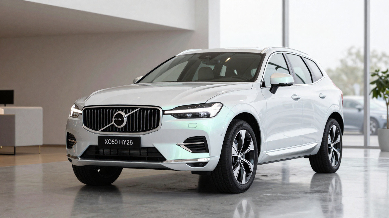 Weißer Volvo XC60 Hybrid SUV steht im hellen modernen Showroom mit großen Fenstern im Hintergrund.