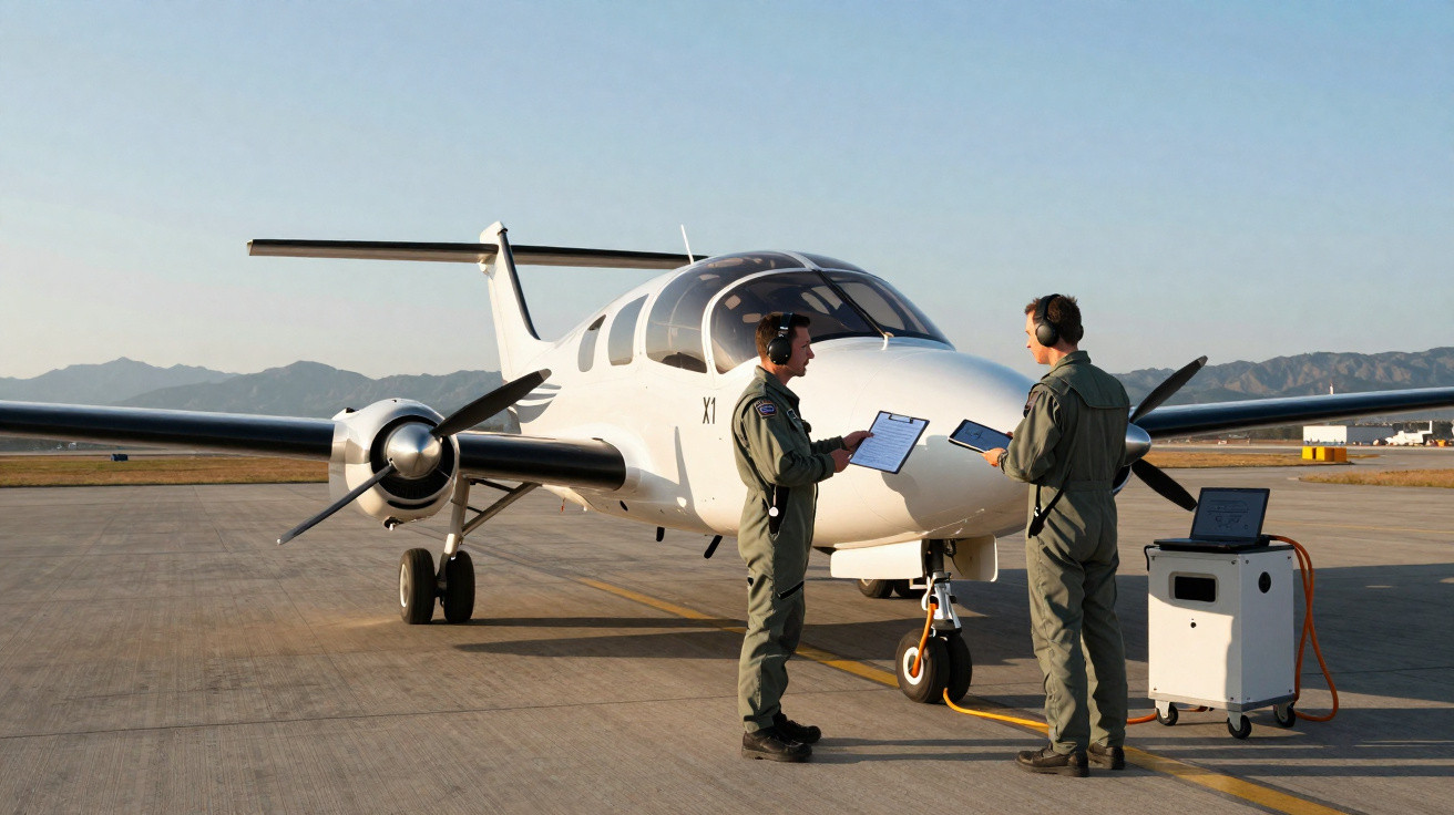 Zwei Piloten in Uniform stehen neben einem kleinen weißen Flugzeug auf einem Flugfeld bei klarem Himmel.