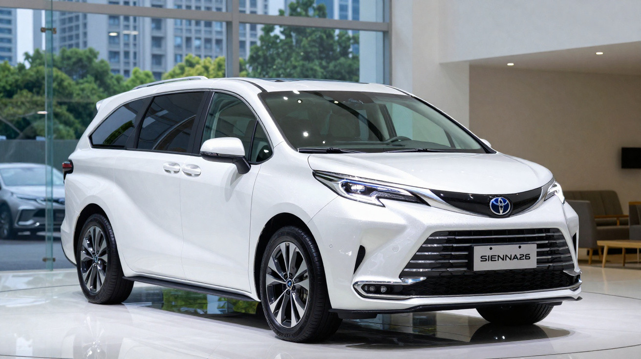 Weißer Toyota Sienna 2026 Van in modernem Autohaus, seitliche Frontansicht bei Tageslicht.