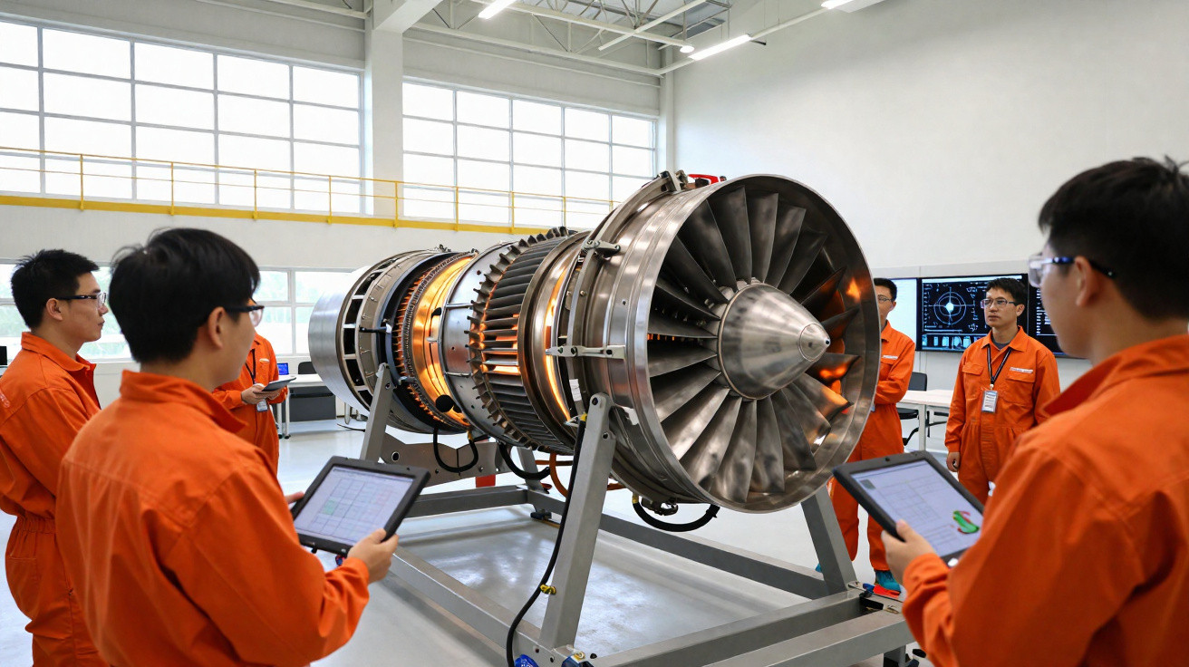 Ingenieure in orangen Overalls inspizieren und analysieren eine große Flugzeugtriebwerksturbine in Werkstatt.