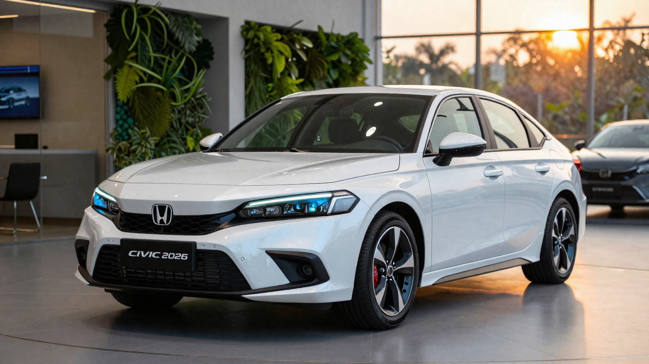 Weißer Honda Civic 2026 Limousine im Innenraum mit Pflanzen und Sonnenuntergang im Hintergrund.