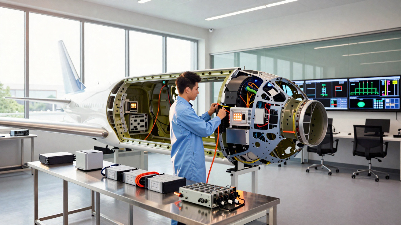 Ingenieur arbeitet in Labor an Flugzeugtriebwerk mit offenen Komponenten und Messgeräten im Vordergrund.