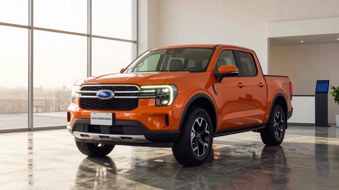Orangefarbener Ford Maverick Pickup in moderner, heller Ausstellungshalle auf reflektierendem Boden.