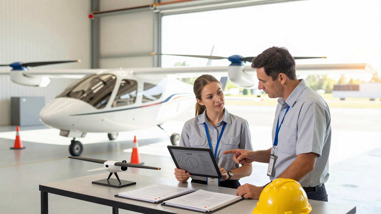 Zwei Techniker besprechen Flugzeugmodelldetails am Tisch in einem Hangar vor einem kleinen Flugzeug.