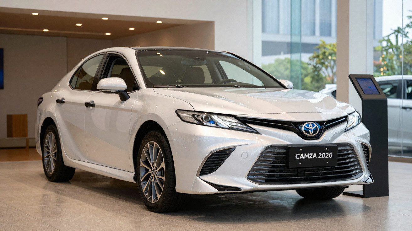 Weißes Toyota Camry 2026 Modell in einem modernen Autohaus mit großen Fenstern und Beleuchtung.
