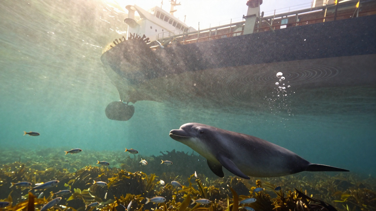 Unterwasseraufnahme eines Delfins und Fischen unter einem großen Frachtschiff bei Sonnenlicht.